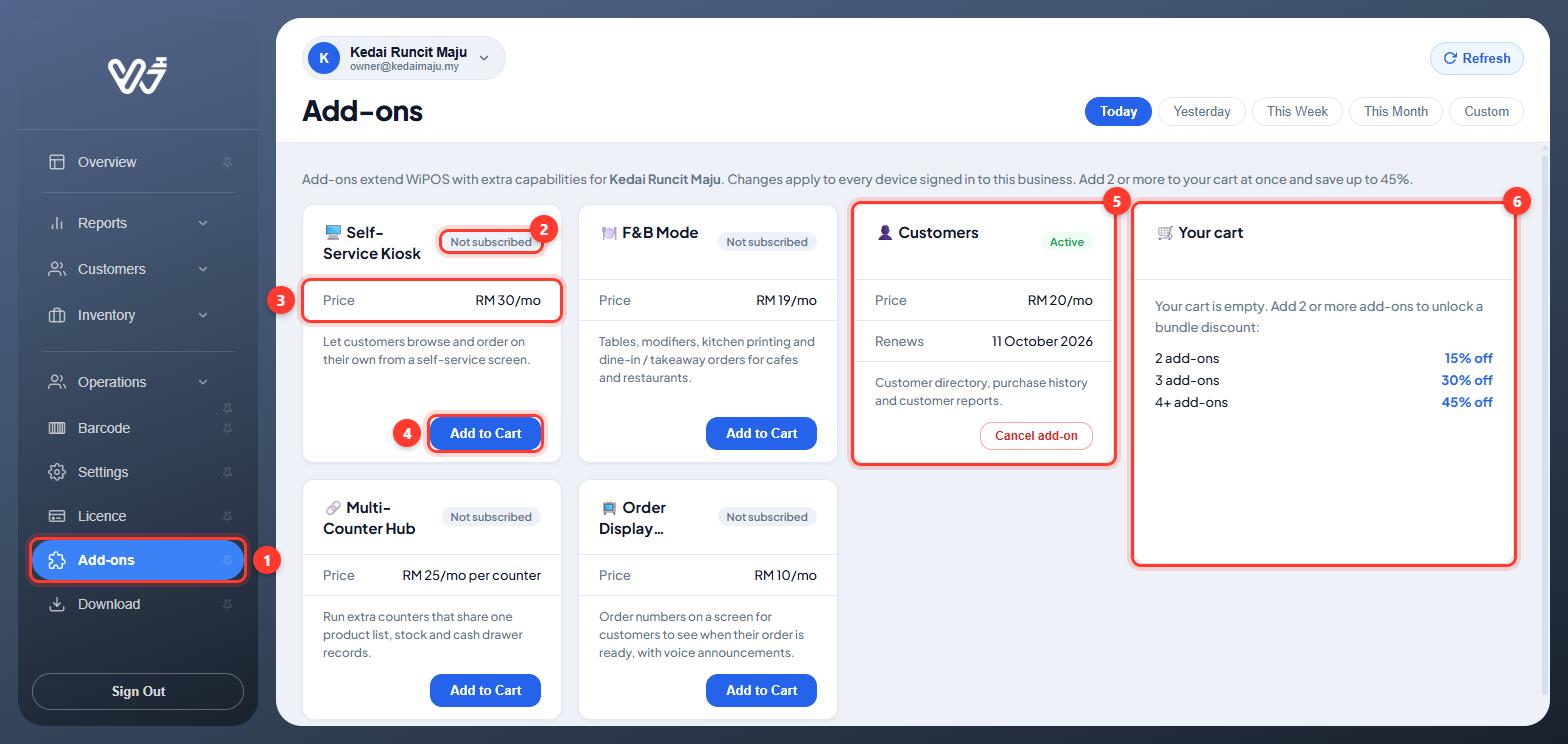 Add-ons page with the Add-ons menu, a Not subscribed badge, price, Add to Cart, an active Customers add-on and the empty cart numbered