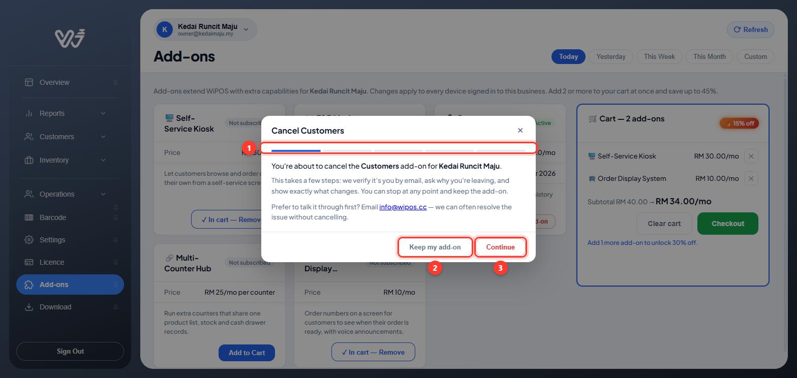 Cancel Customers window with the progress bar, Keep my add-on and Continue numbered