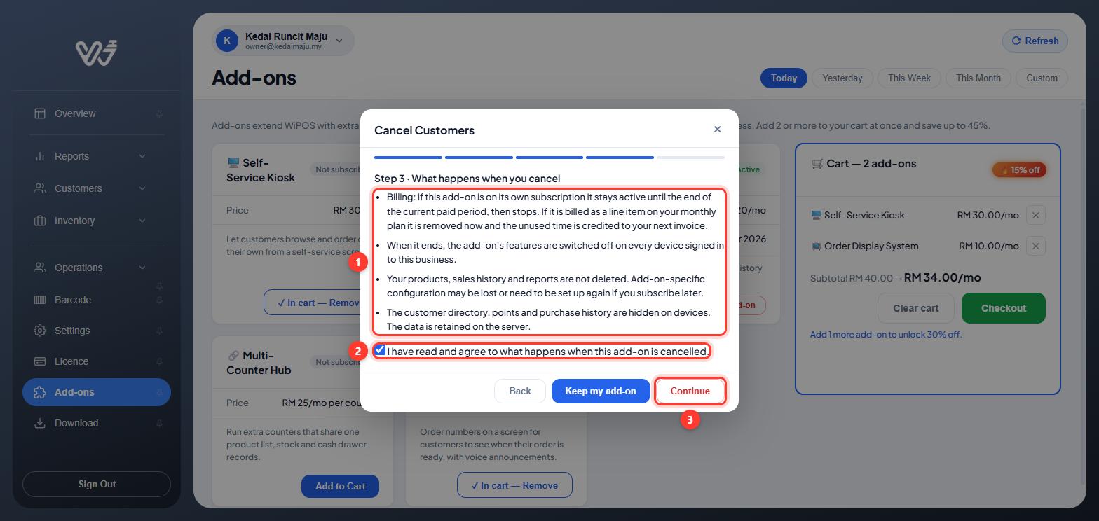 Step 3 listing what happens when the add-on is cancelled, the agree tick box and Continue numbered