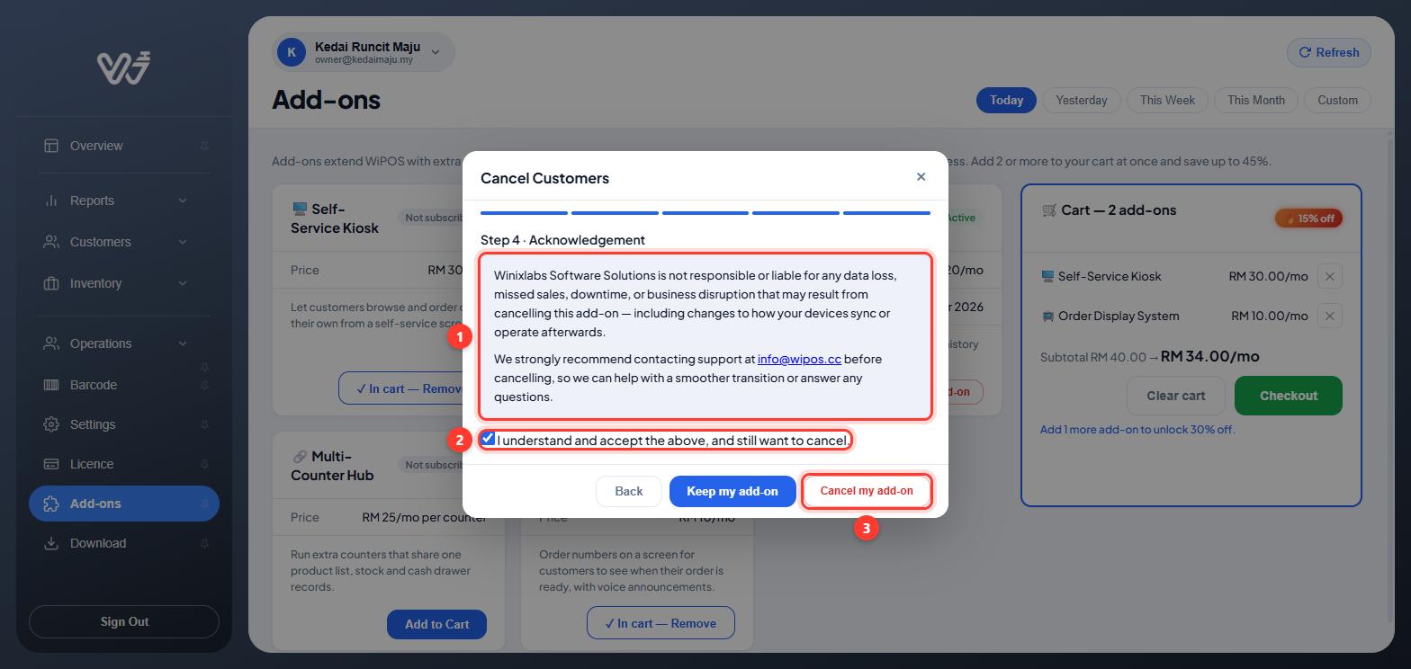 Step 4 acknowledgement text, the accept tick box and Cancel my add-on numbered