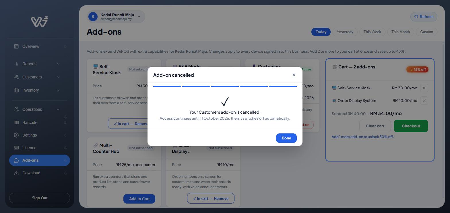 Add-on cancelled: access continues until 11 October 2026, then it switches off automatically