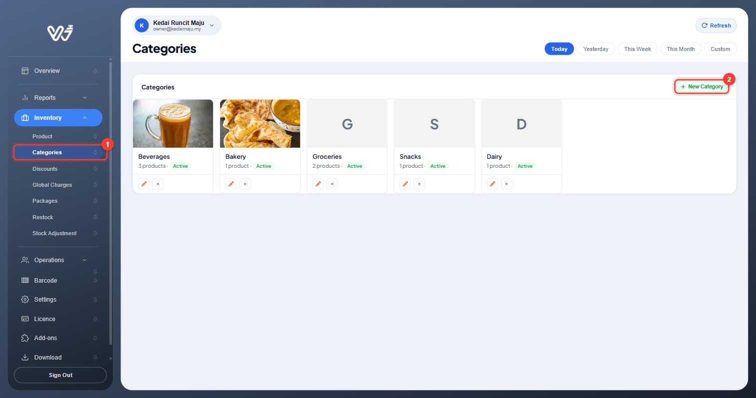 Categories page with the menu item and New Category button highlighted