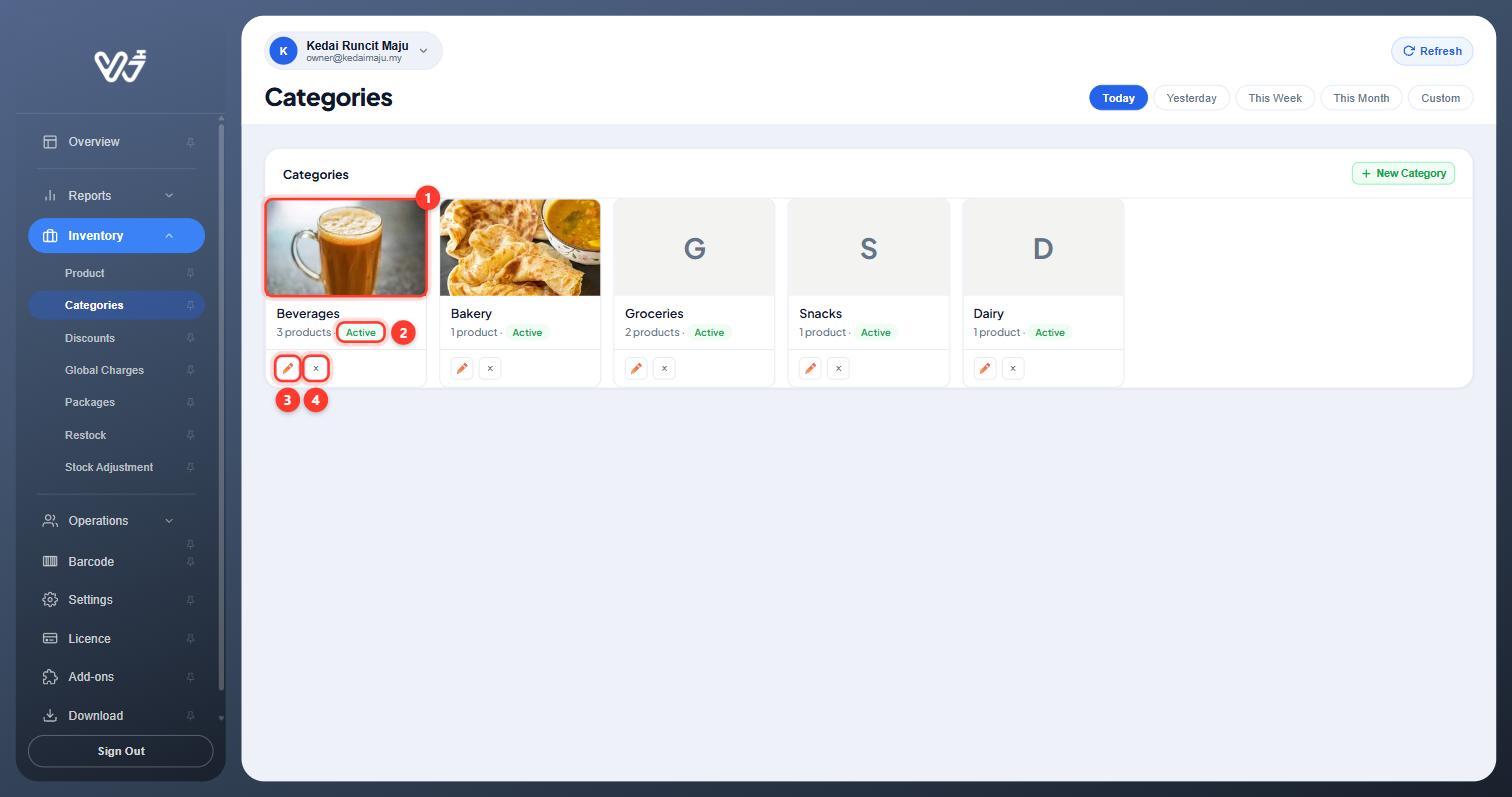 Beverages category card with photo, Active badge, edit and delete buttons highlighted