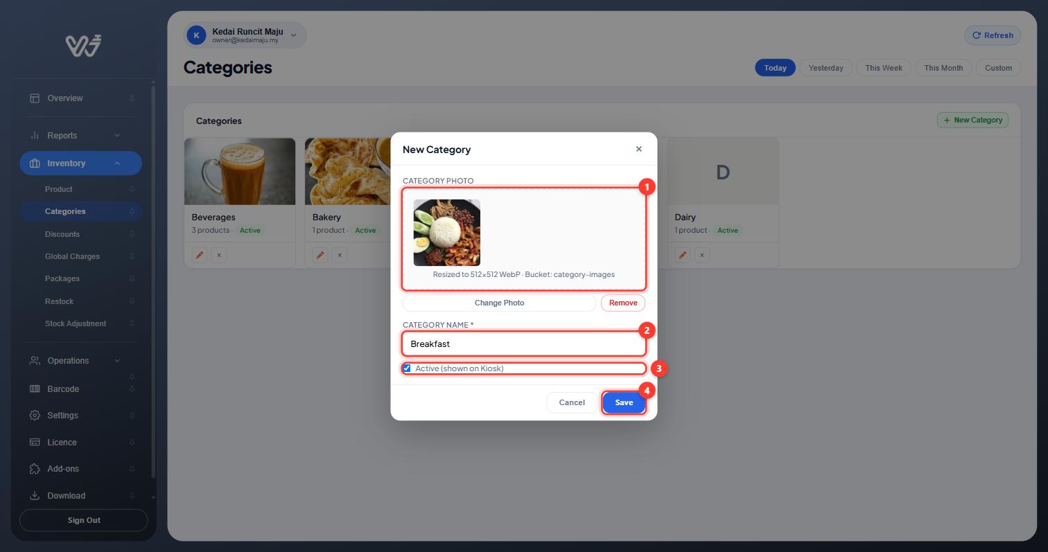 New Category window with photo, name Breakfast, Active ticked and Save highlighted