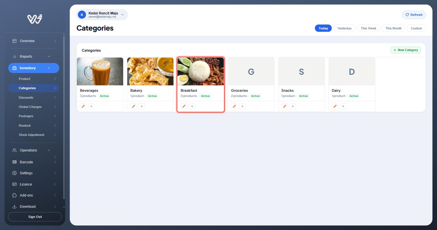 New Breakfast category card with 0 products