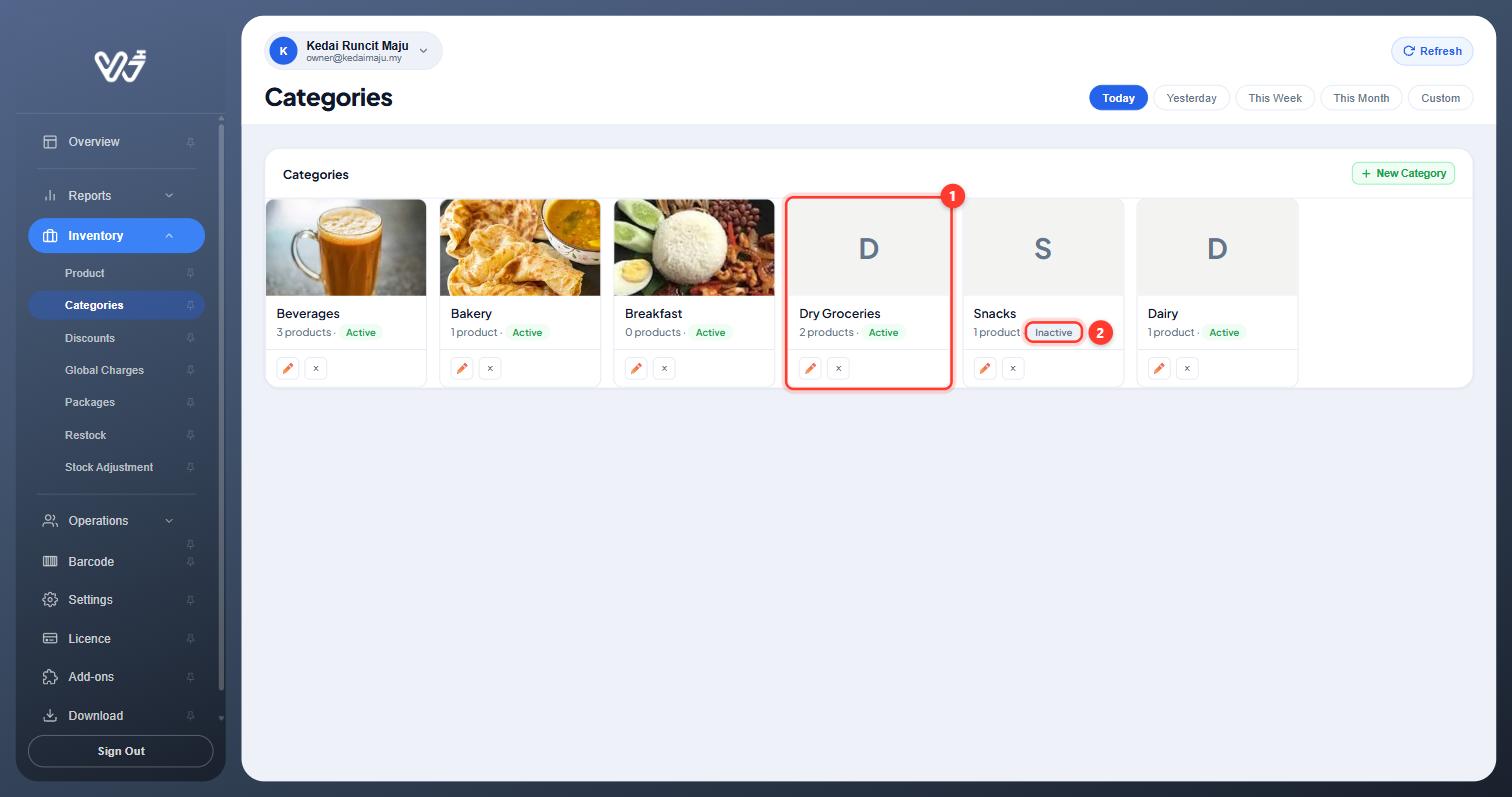 Dry Groceries card with 2 products, and Snacks switched to Inactive