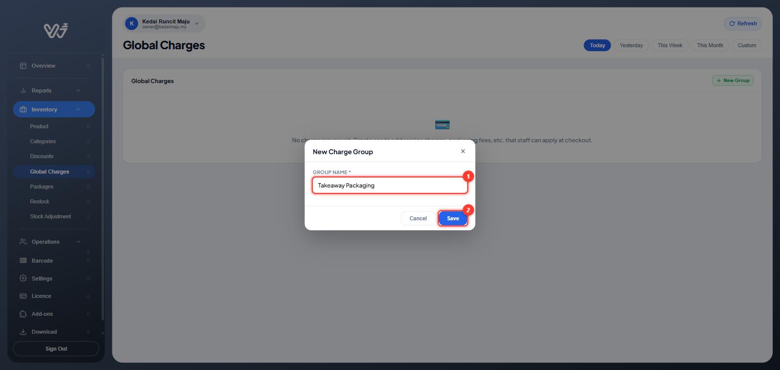 New Charge Group window with the name Takeaway Packaging