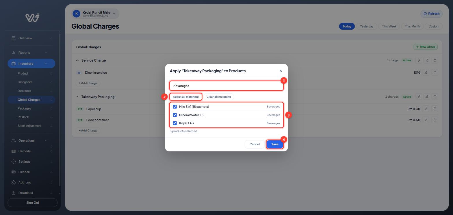 Apply Takeaway Packaging to Products window with Beverages searched and 3 products ticked