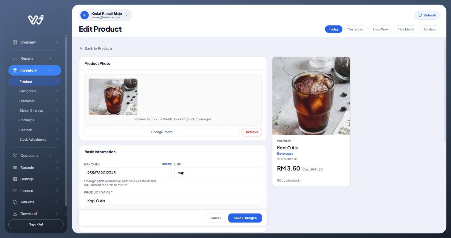 Edit Product page with the product's photo, details and preview