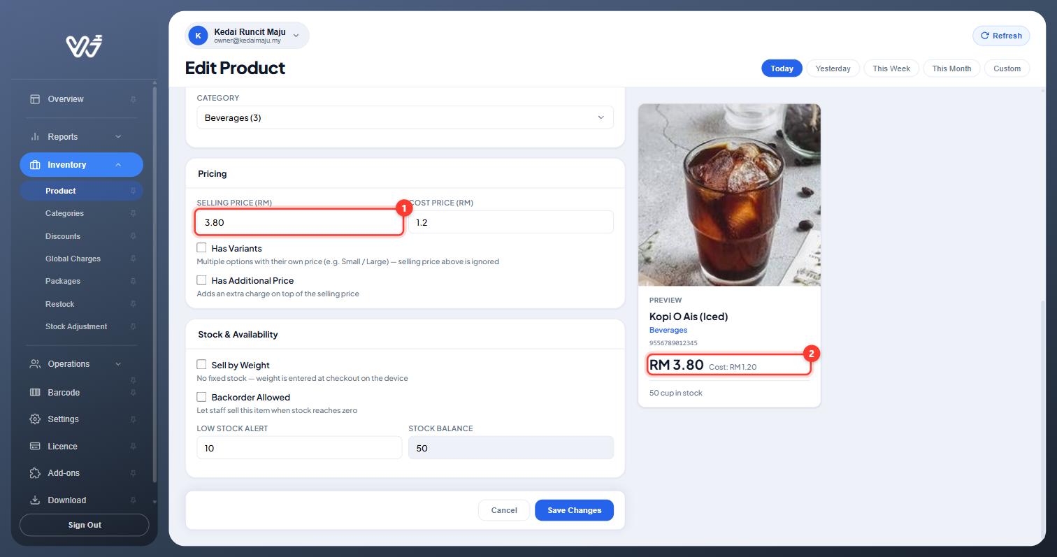 Selling price changed to 3.80, shown in the preview