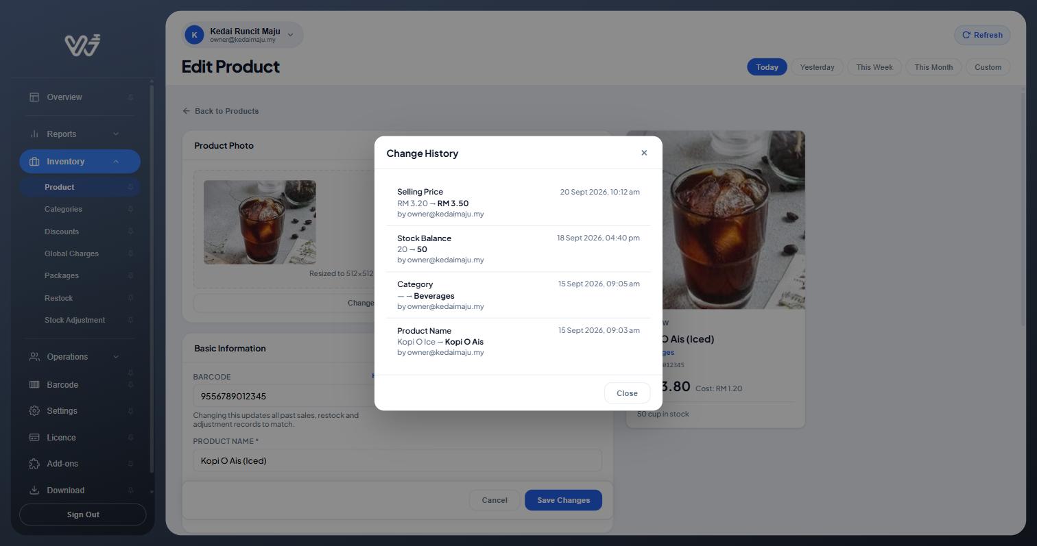 Change History popup listing price, stock, category and name changes