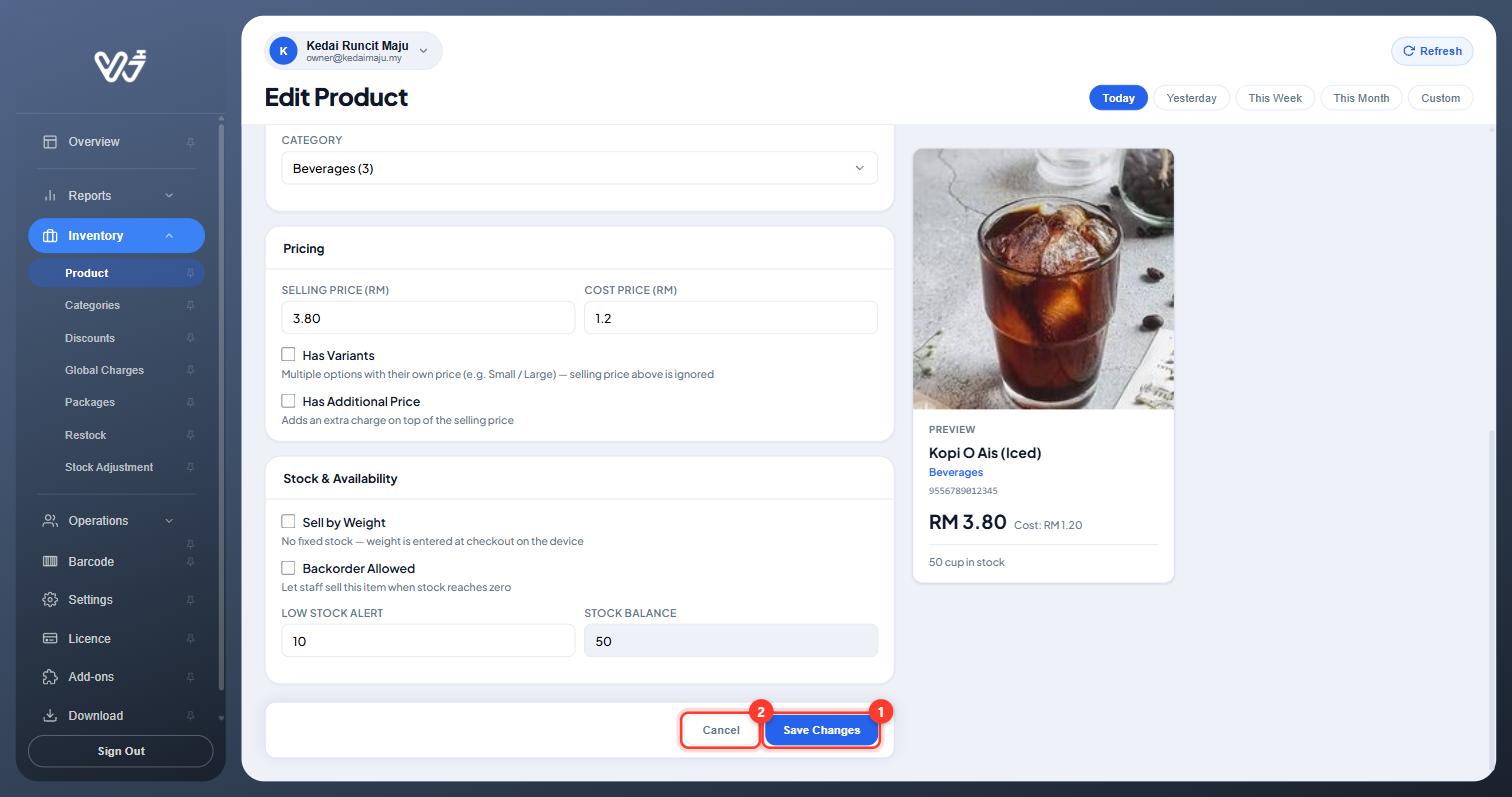 Save Changes and Cancel buttons highlighted