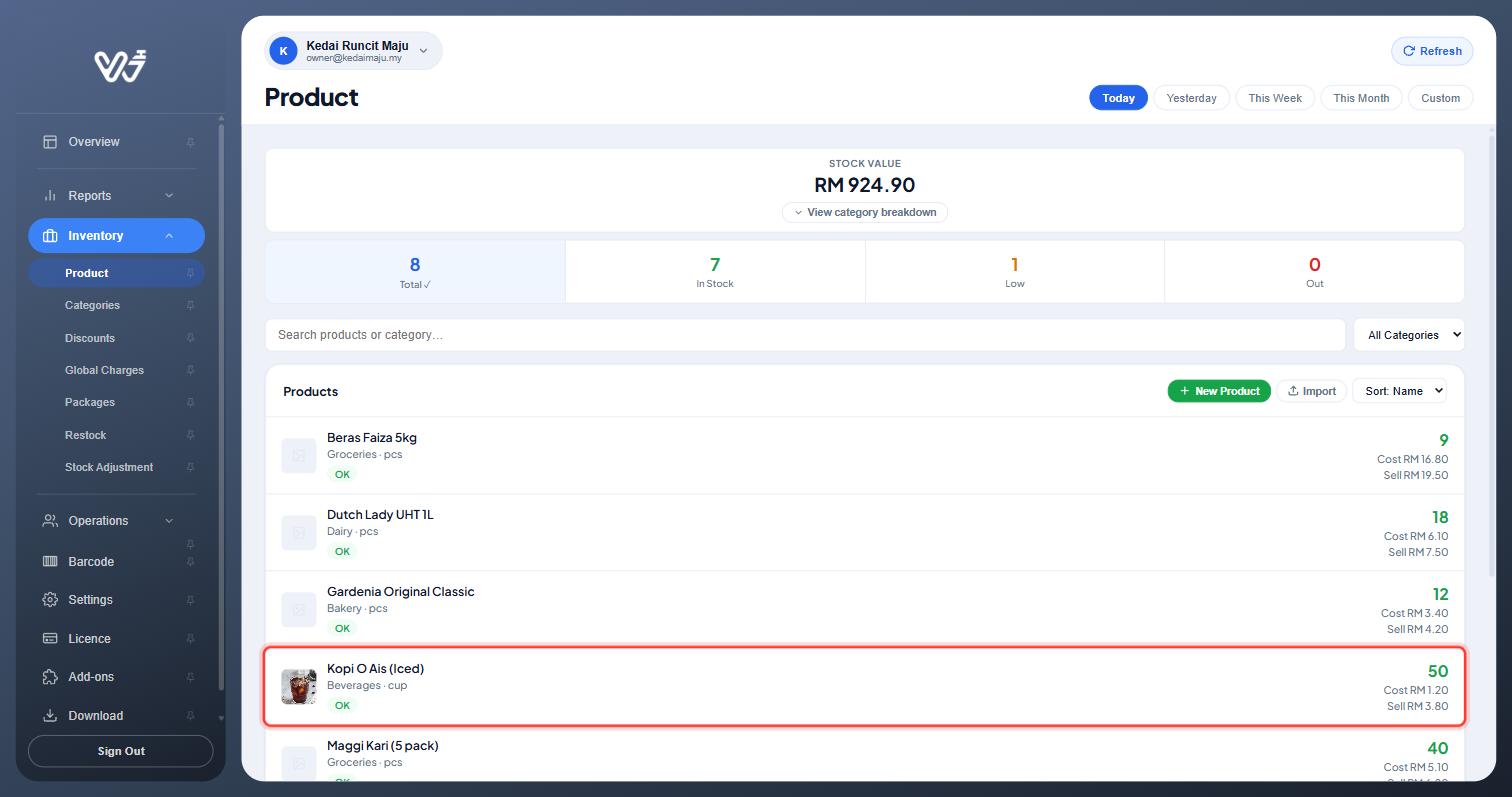 Product list showing the renamed product with the new selling price RM 3.80