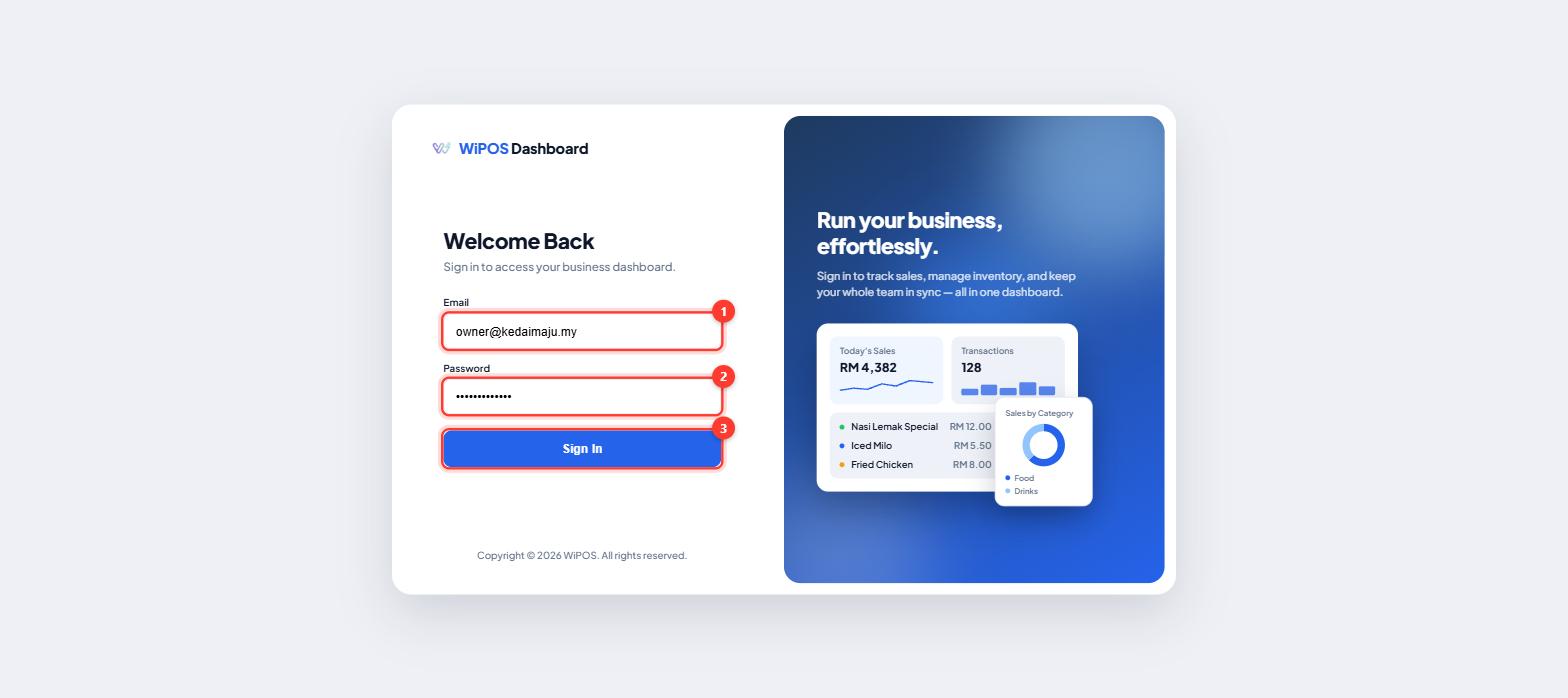 WiPOS Dashboard sign-in page with Email, Password and Sign In highlighted