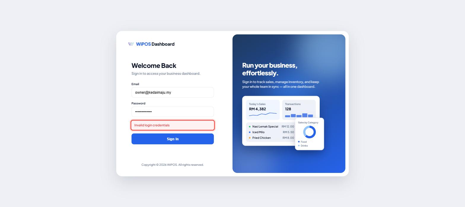 Sign-in page showing the message Invalid login credentials