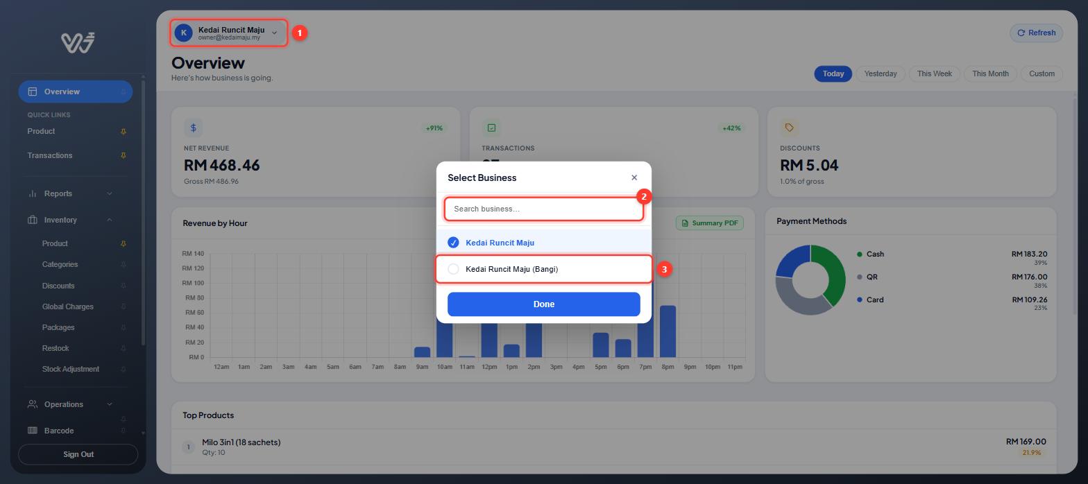 Select Business window opened from the top bar, with the second branch highlighted
