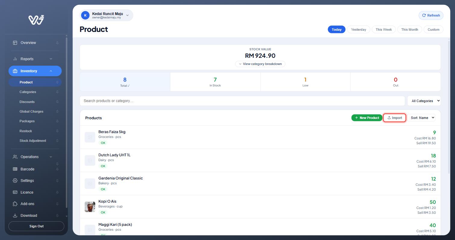 Product list with the Import button highlighted