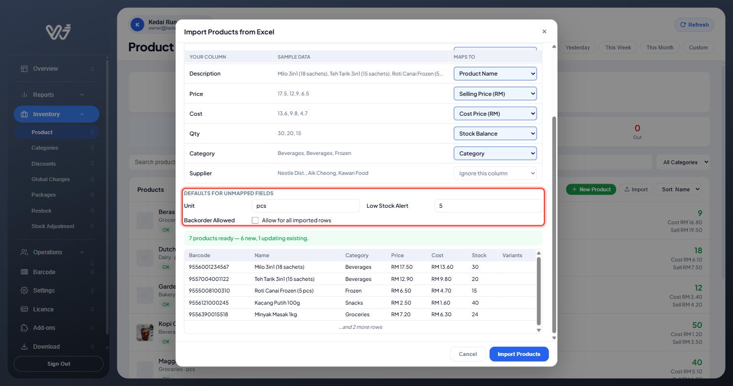 Defaults for unmapped fields: Unit, Low Stock Alert and Backorder Allowed