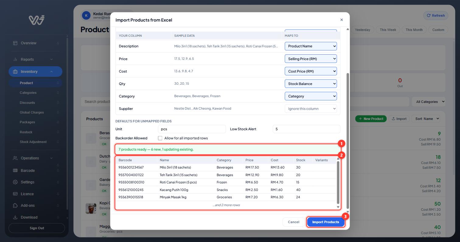Summary line, preview table and Import Products button highlighted