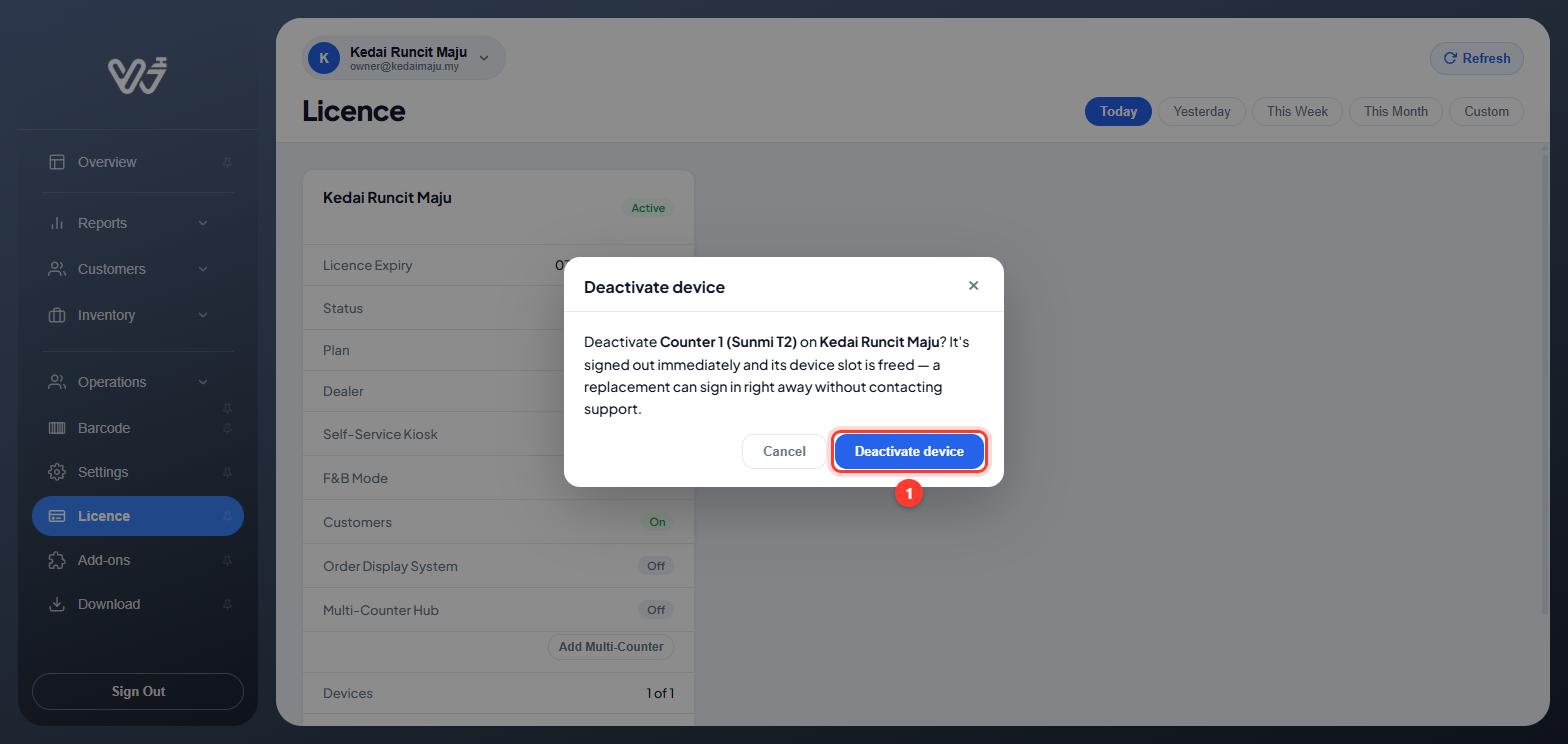 Confirm window asking to deactivate Counter 1 with the Deactivate device button numbered