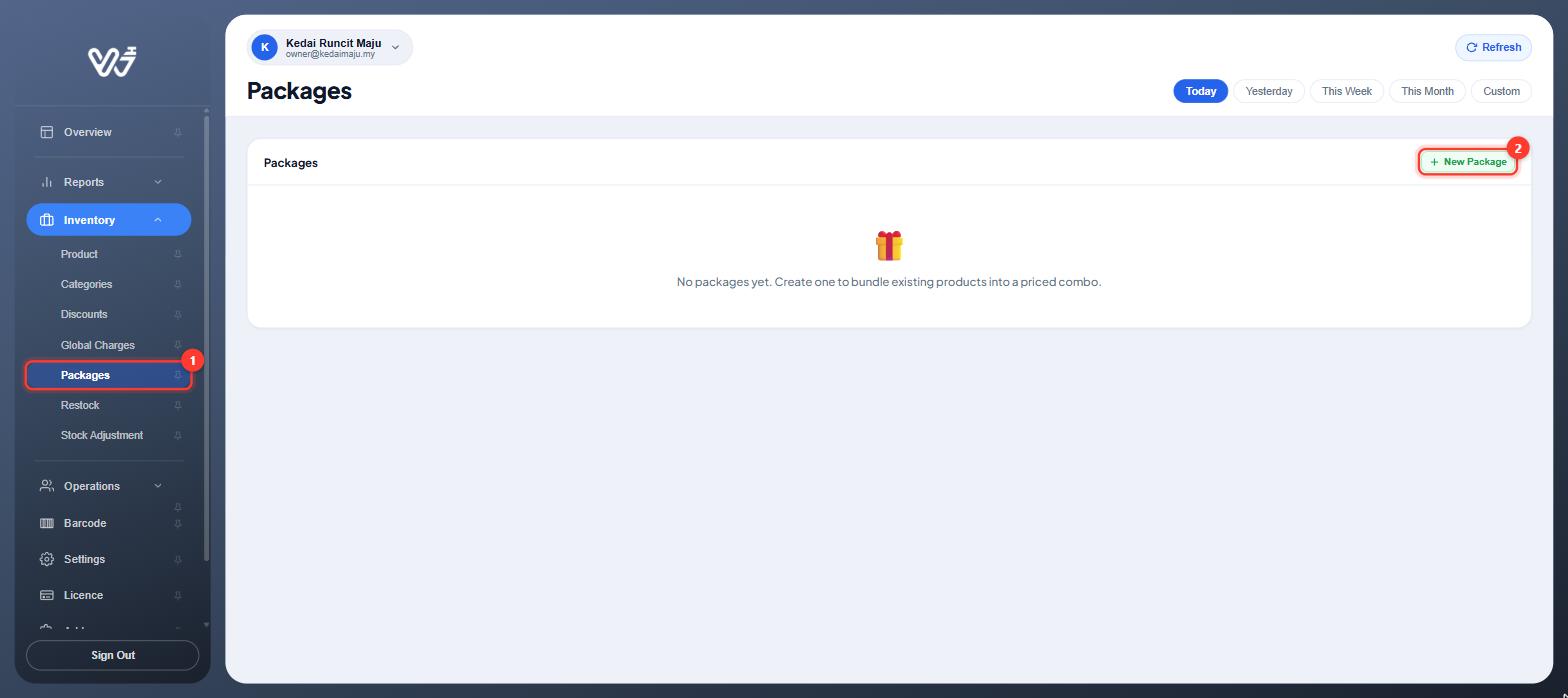 Packages page with the menu item and New Package button highlighted