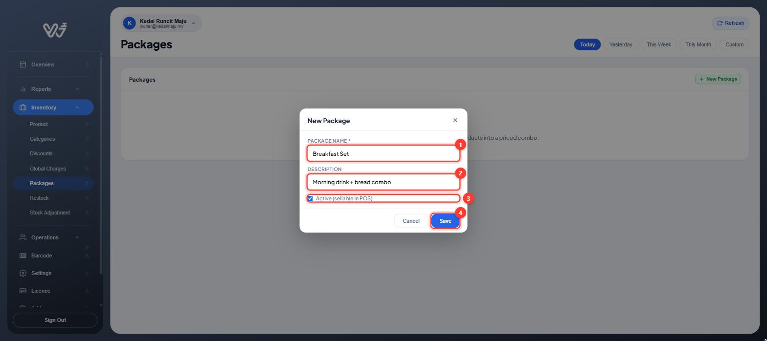New Package window with name, description, Active and Save highlighted