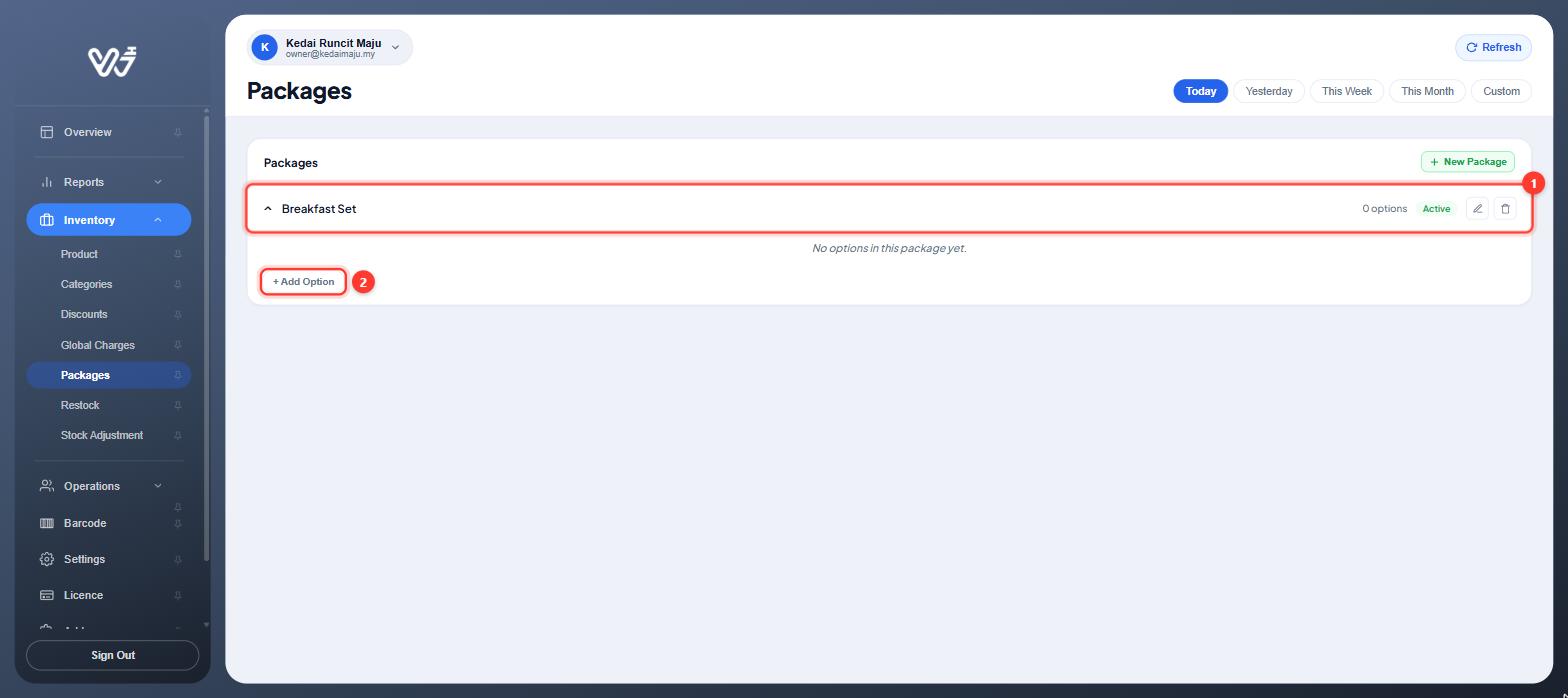 Breakfast Set package opened, with Add Option highlighted