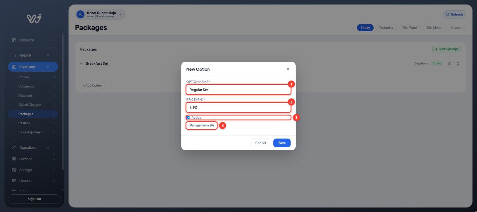 New Option window with name Regular Set, price 6.90, Active and Manage Items highlighted