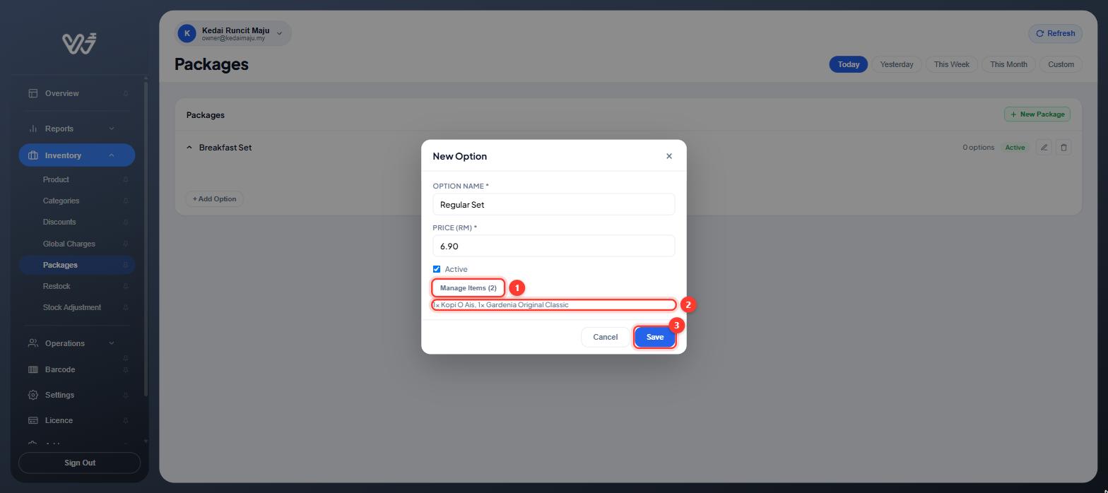 New Option window showing Manage Items (2), the item summary and Save highlighted