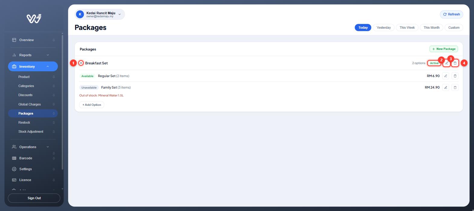 Package row with expand arrow, Active badge, edit and delete buttons highlighted