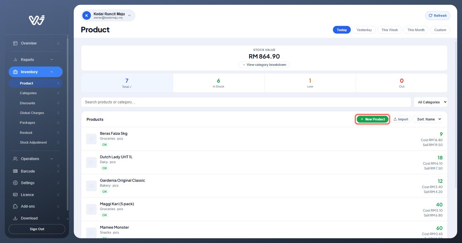 Product list with the New Product button highlighted