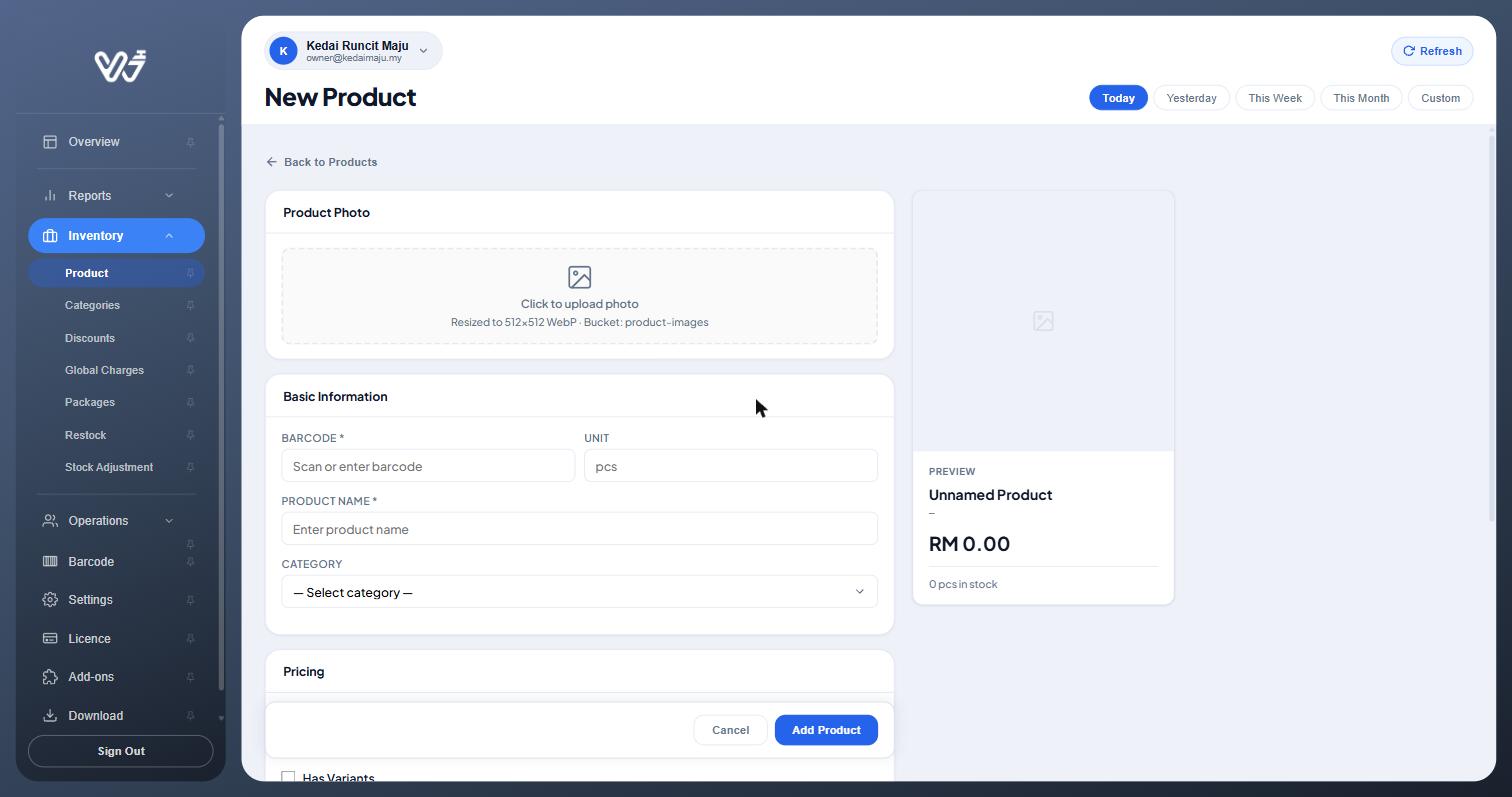Empty New Product form with preview card