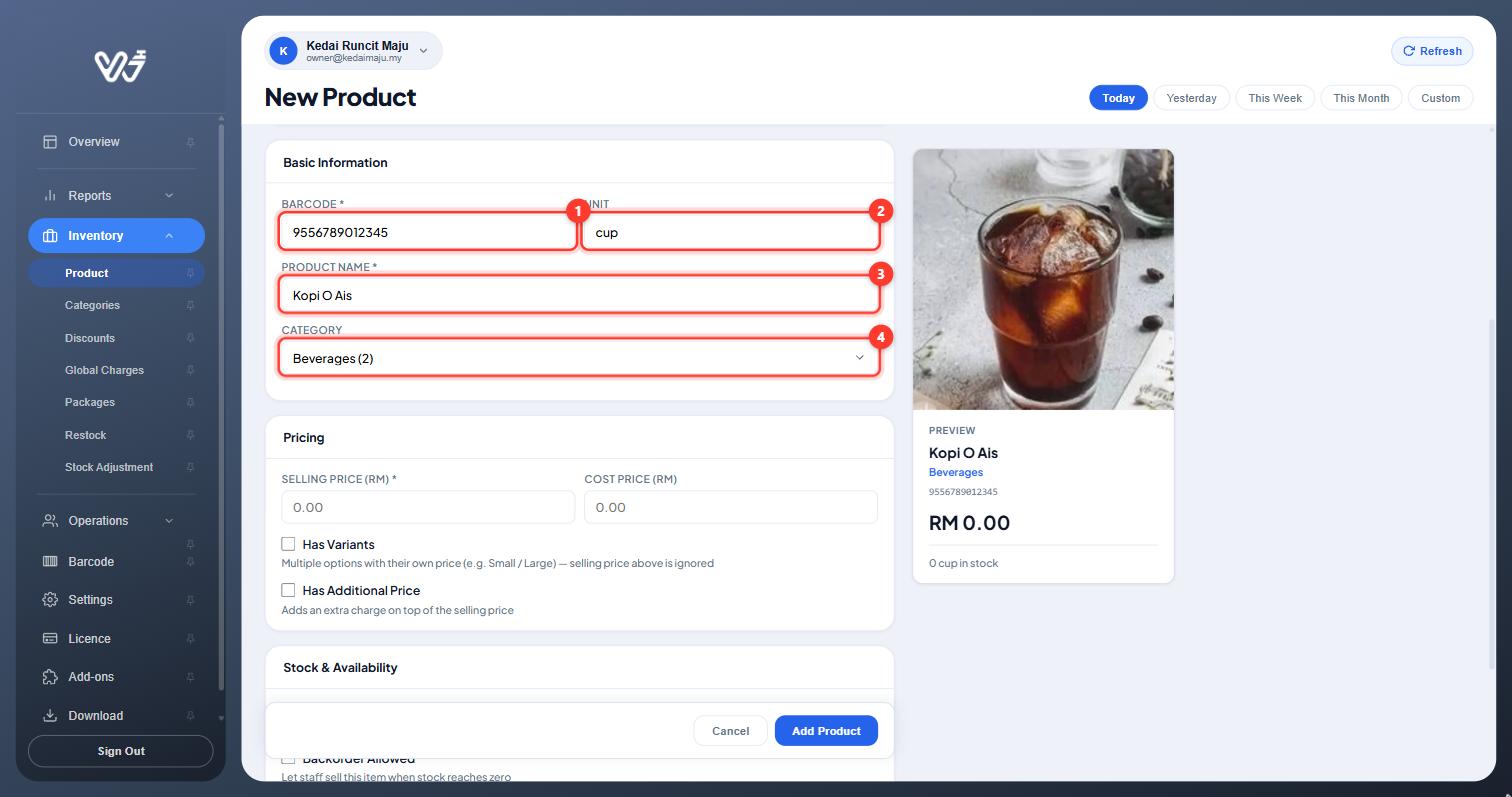 Basic Information section with barcode, unit, name and category filled