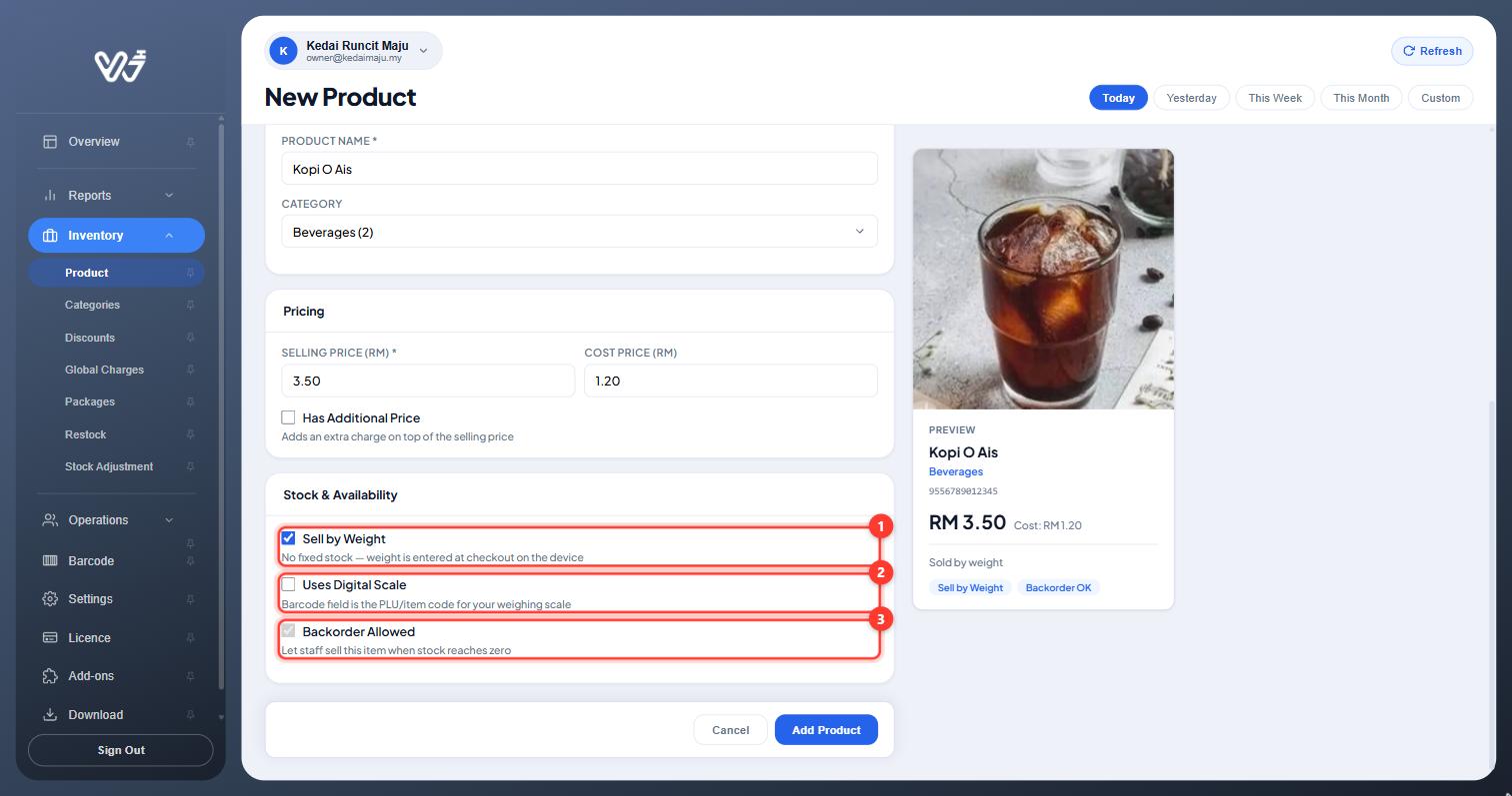 Sell by Weight ticked, showing Uses Digital Scale and Backorder Allowed