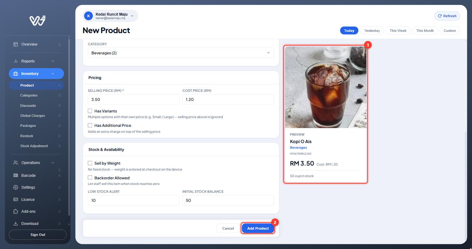 Completed form with the preview card and Add Product button highlighted