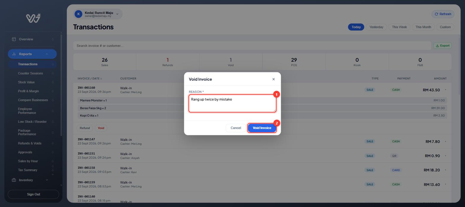 Void Invoice window with a reason and the Void Invoice button numbered