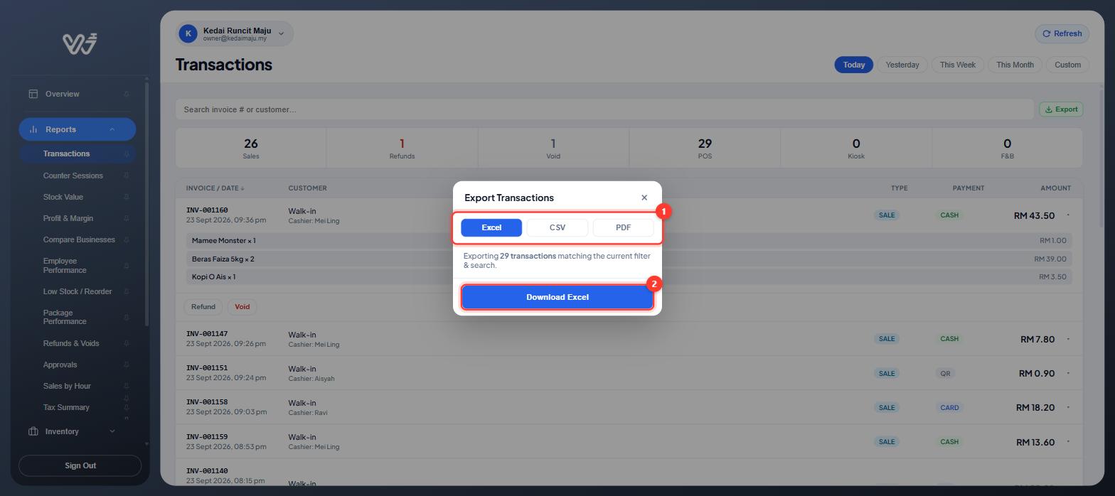 Export Transactions window with Excel, CSV and PDF options and the Download Excel button numbered