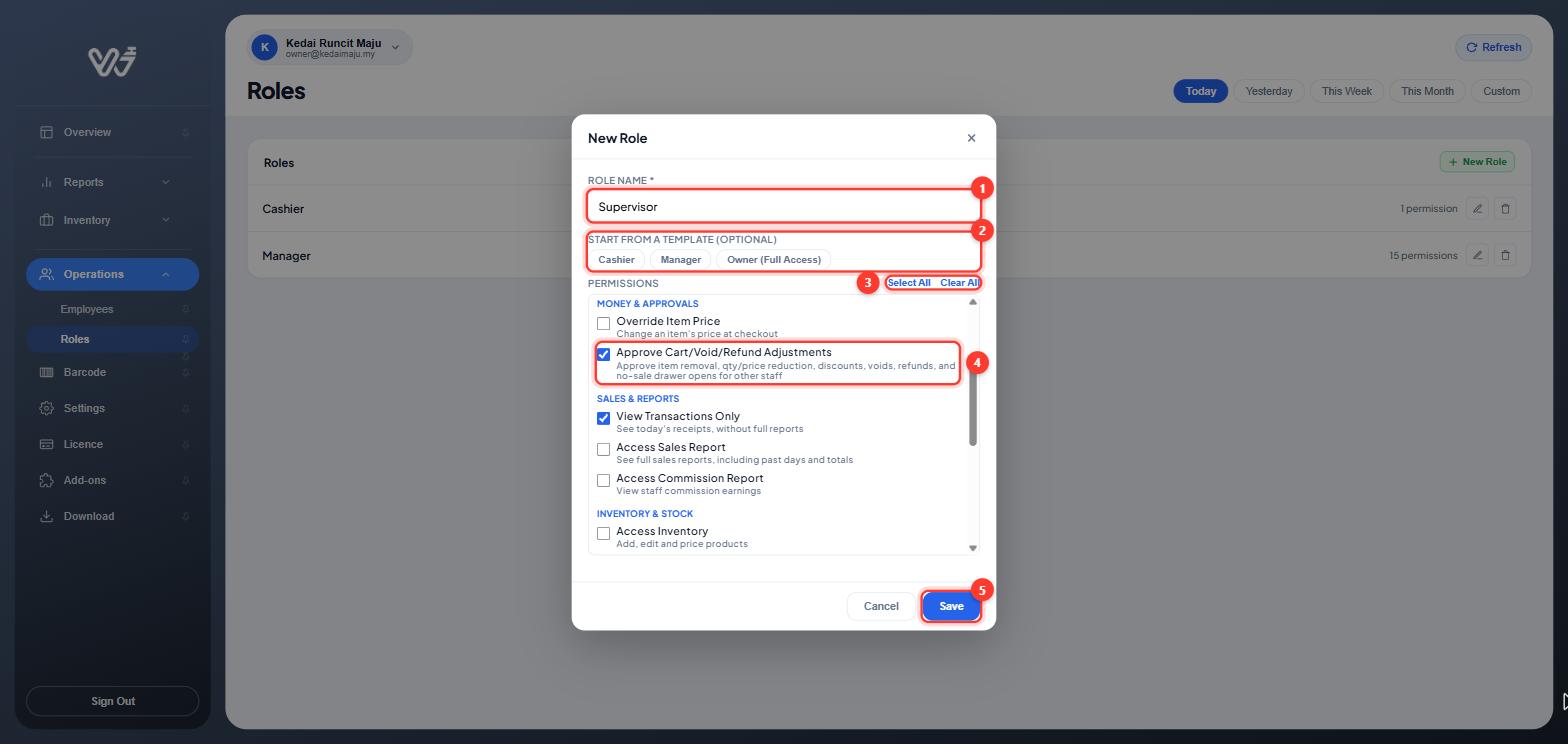 New Role window: name Supervisor, templates, Select All/Clear All, Approve Adjustments ticked, Save