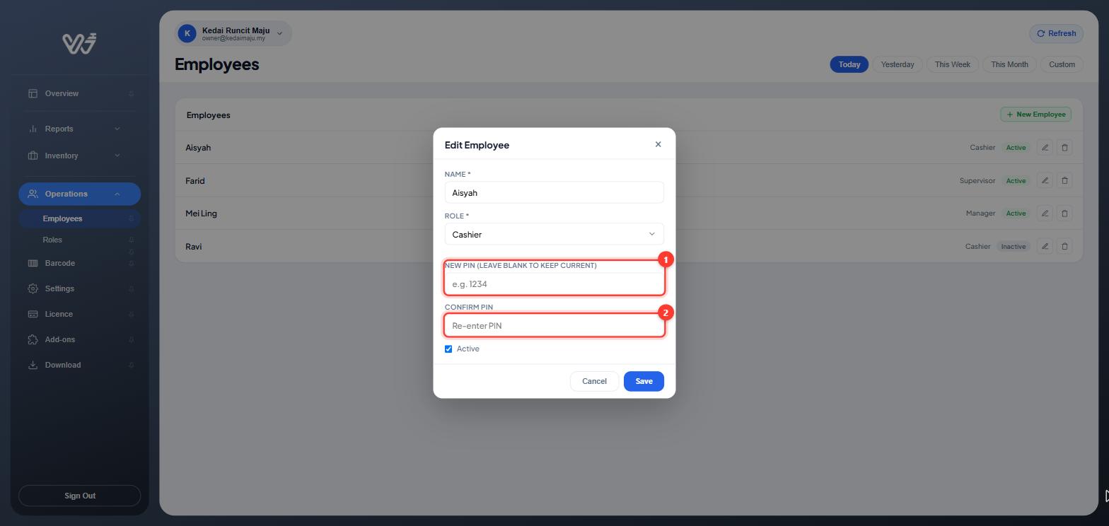Edit Employee window with New PIN (leave blank to keep current) and Confirm PIN highlighted