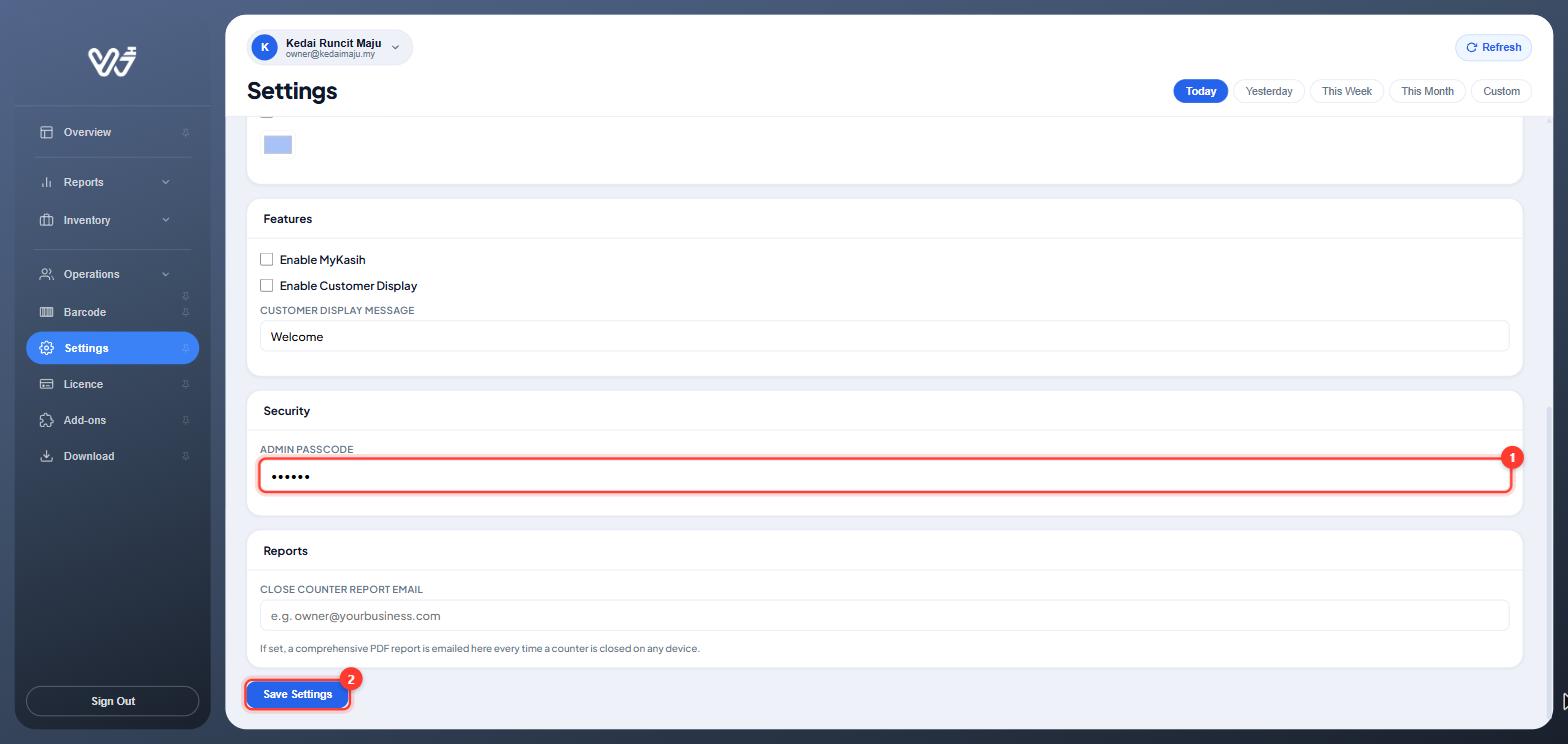 Settings page, Security section with Admin Passcode and Save Settings highlighted