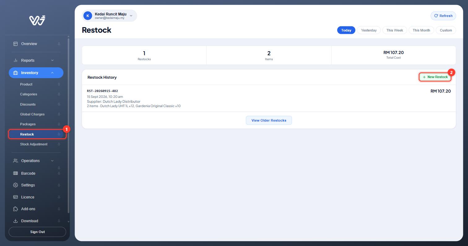 Restock page with the menu item and New Restock button highlighted