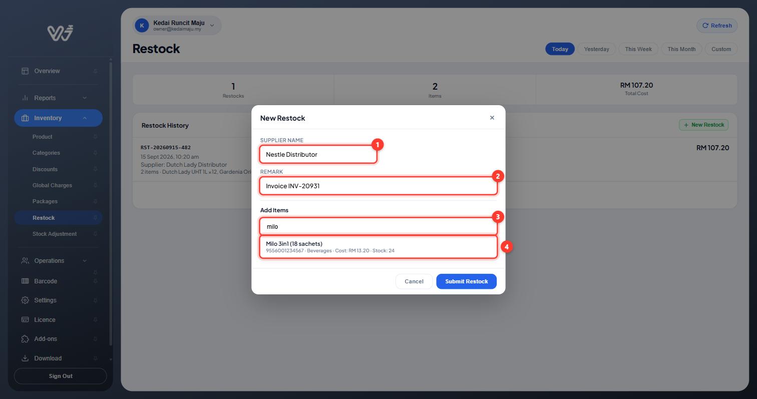 New Restock window with supplier, remark, search box and a search result highlighted