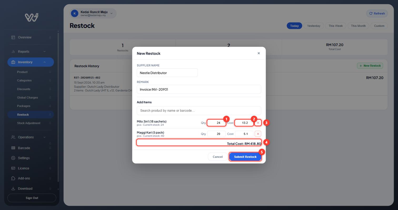Two restock lines with Qty, Cost, remove button, Total Cost and Submit Restock highlighted