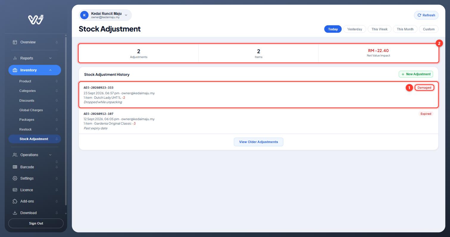 Stock Adjustment History with the new Damaged adjustment and the summary highlighted