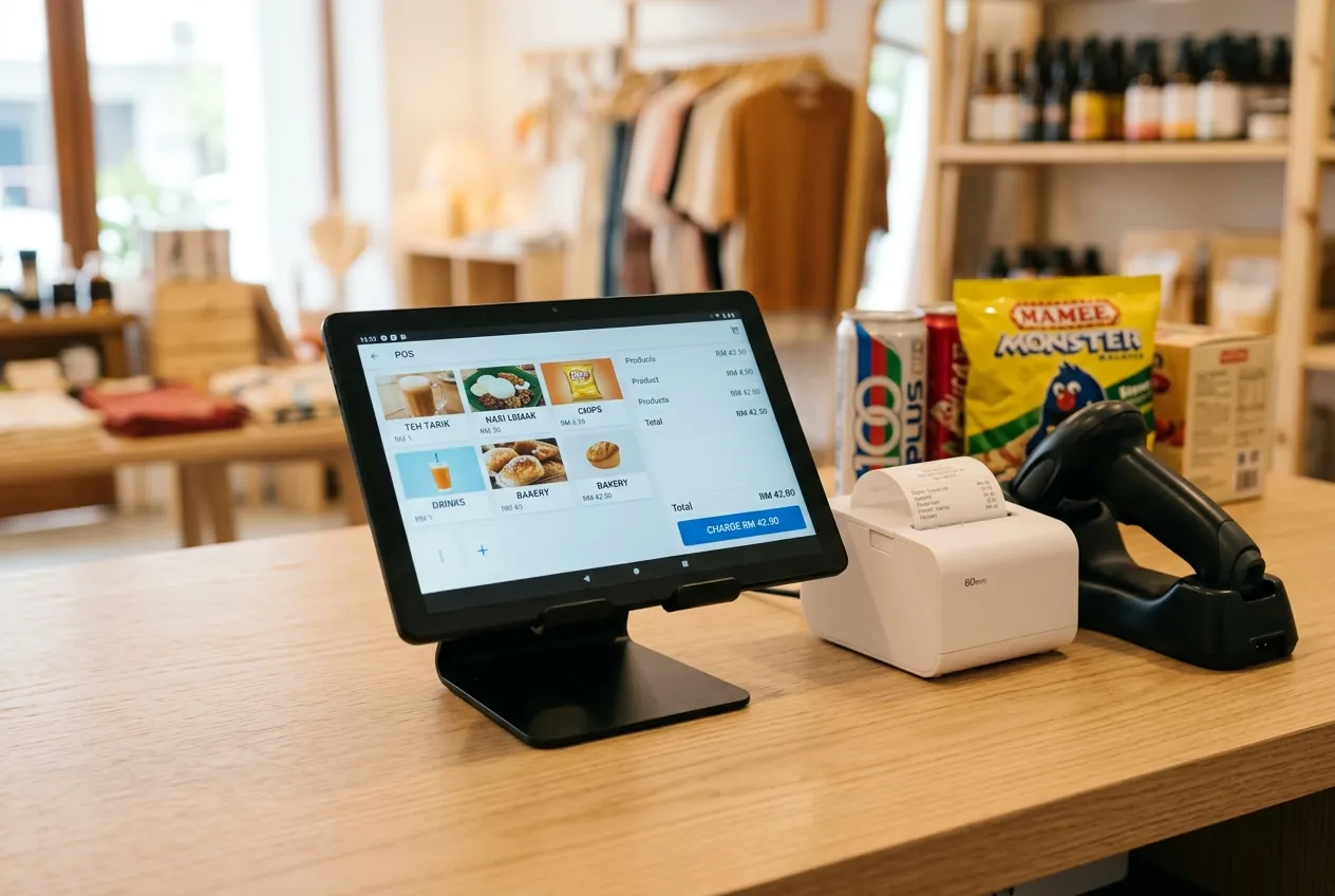 Android tablet POS on a shop counter with a thermal receipt printer and handheld barcode scanner