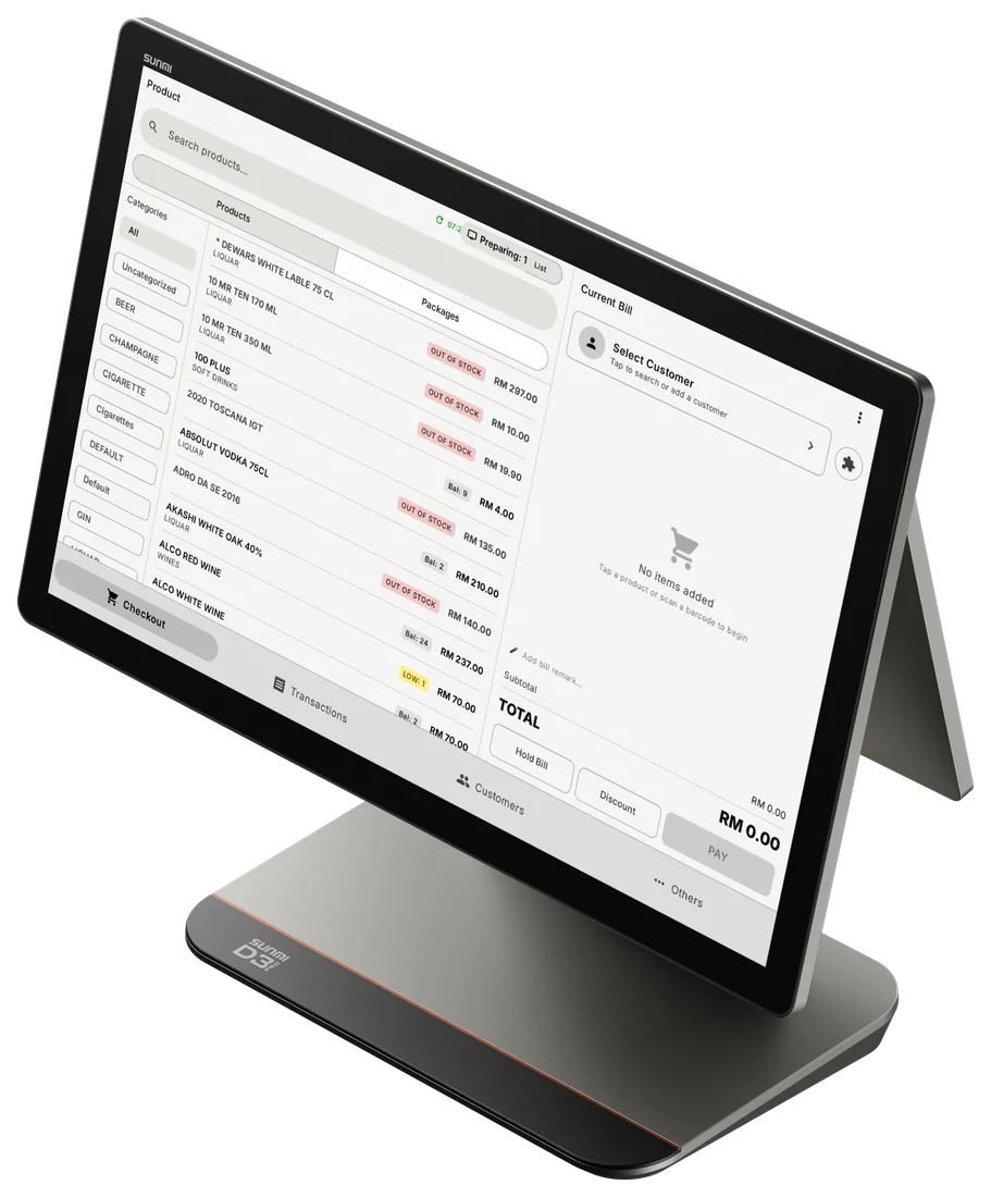 WiPOS running on a dual-screen Android terminal — cashier screen on one side, customer display on the other