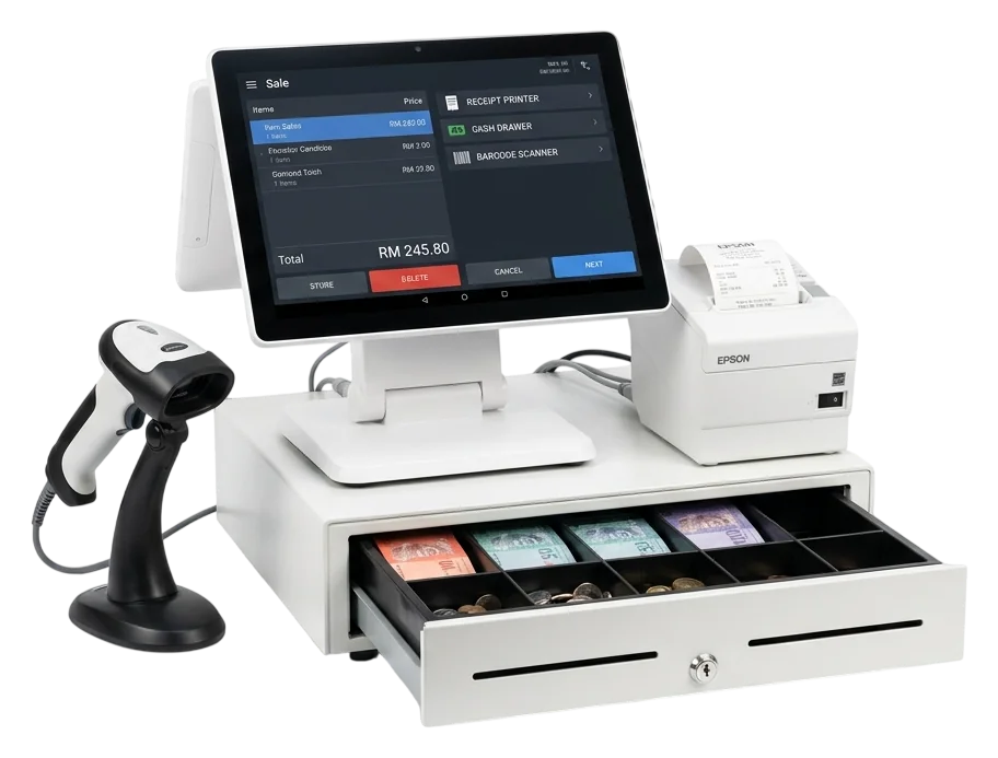 WiPOS dual-screen point-of-sale terminal with an Epson receipt printer, barcode scanner and cash drawer
