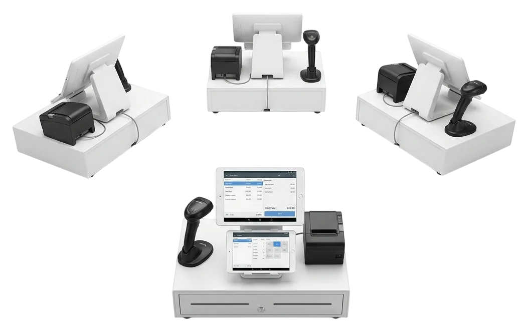 Four WiPOS counter stations — one main till plus three satellite counters — sharing one catalogue over local WiFi